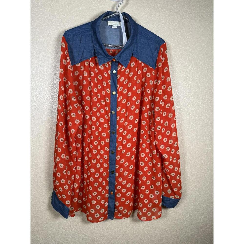 Forever 21 Plus Size Sheer Floral‎ Top Sz 3x Sunflowers And Denim Lightweight